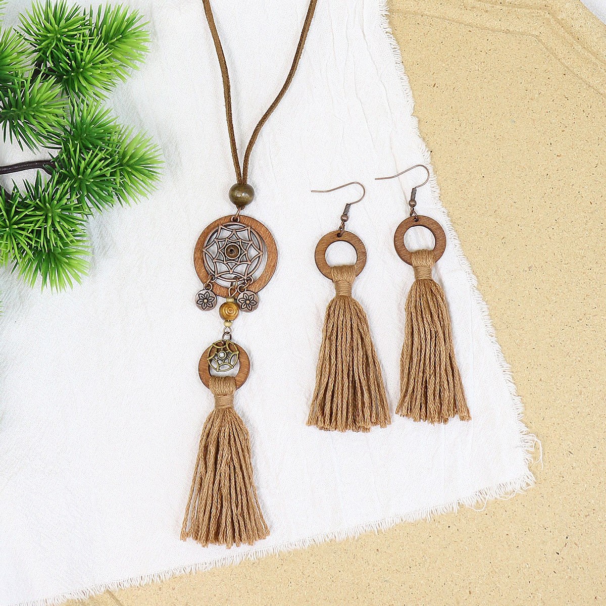 Wholesale Bohemian Dream Catcher Tassel Wooden Necklace
